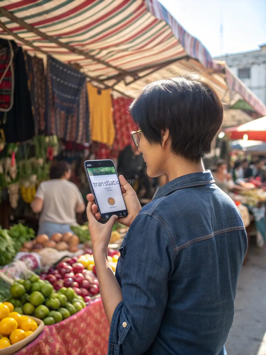 A person happily using their phone in a bustling Chilean market, showcasing the convenience of a budget SIM.